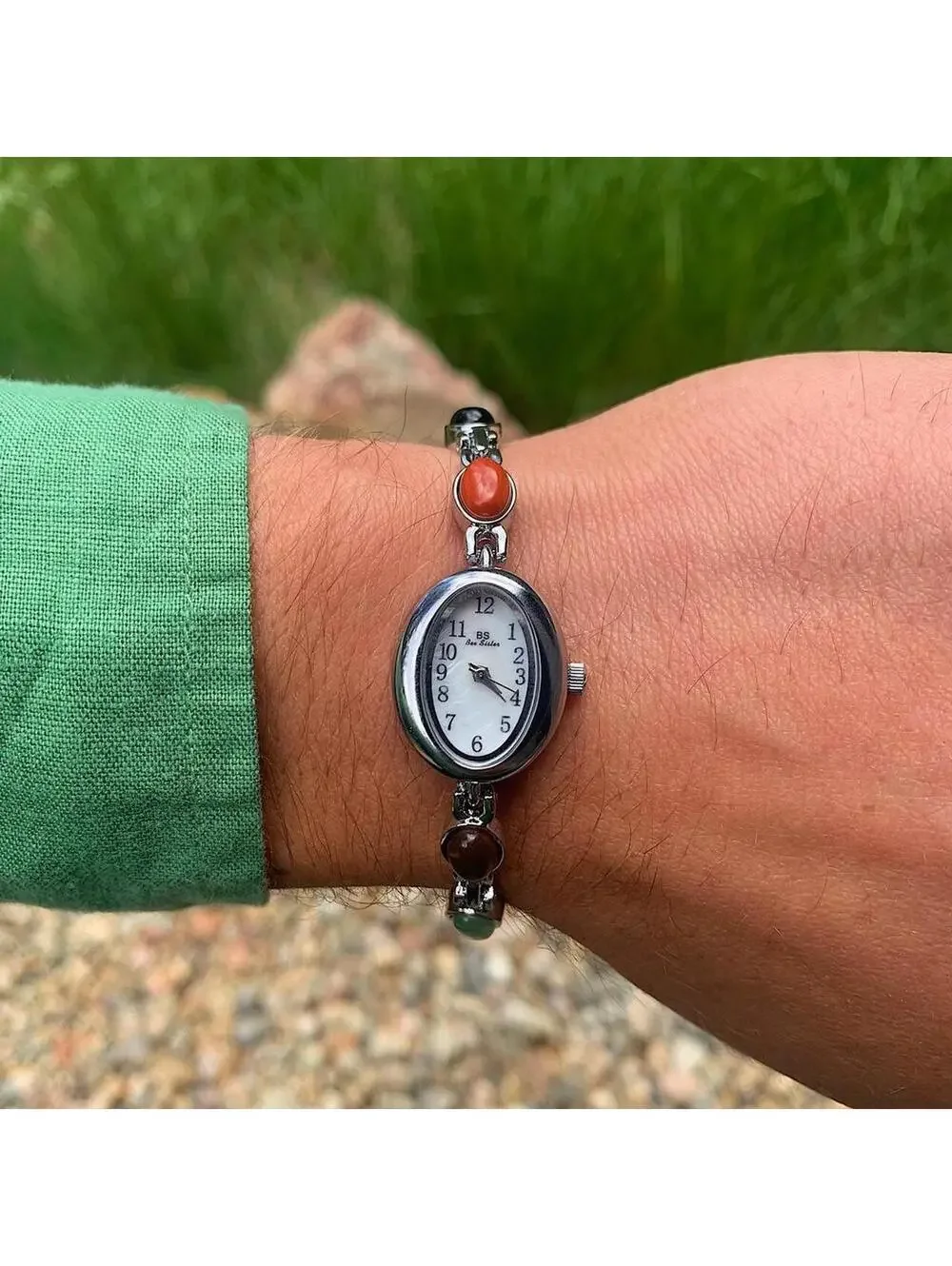 Y2k style silver tone quartz watch with glass multi color jade stone opal